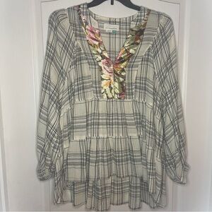 Anthropologie Darlene 1X Plaid Floral Peasant Babydoll Top Jacquard Neckline